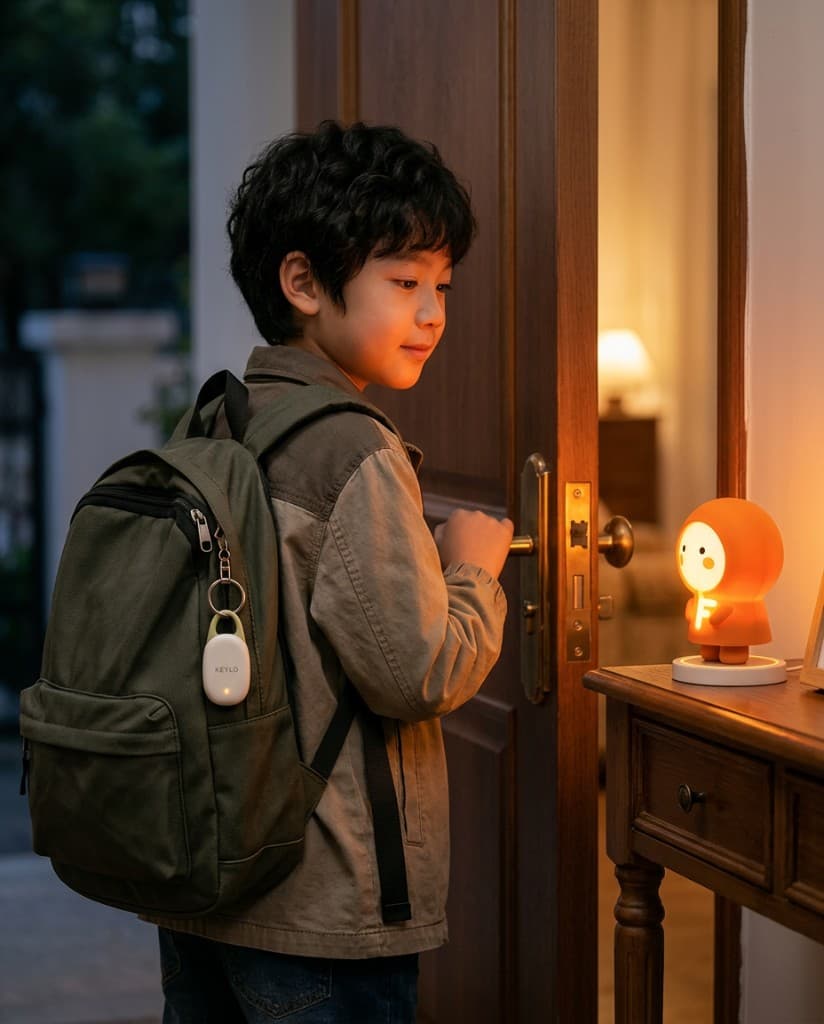 A child arriving home, looking toward a glowing Keylo companion on the entry table