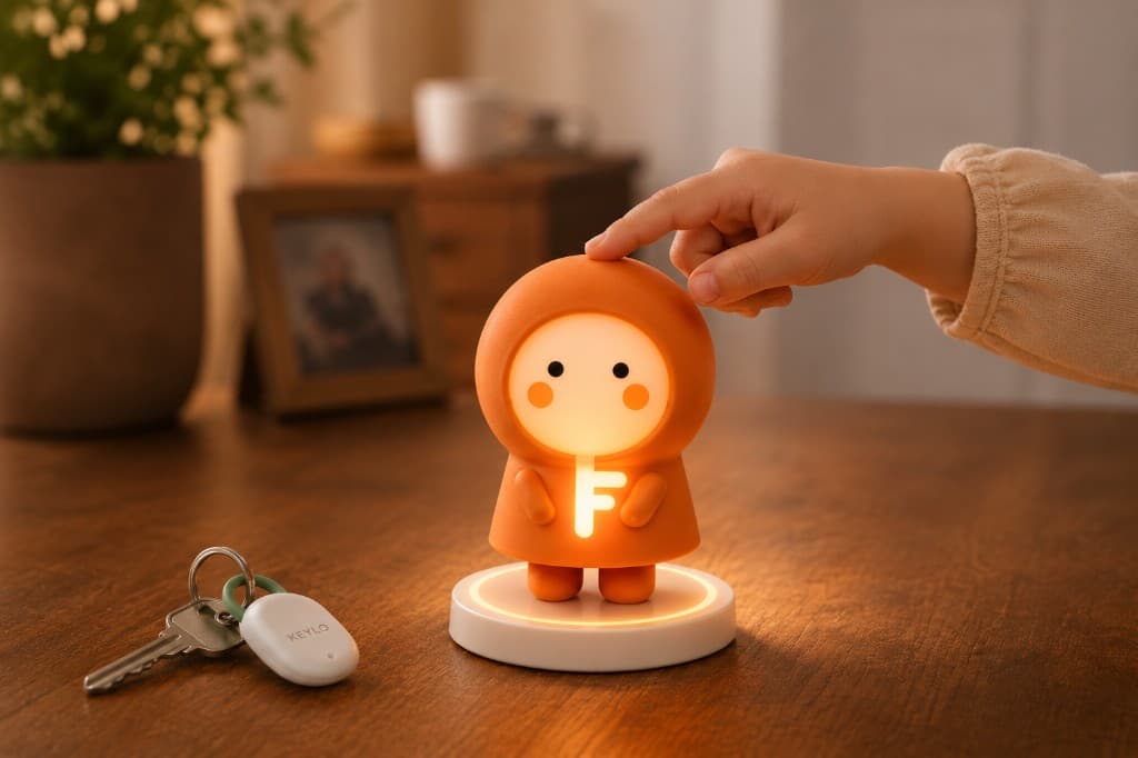 A child touching Keylo on its dock, with a Keylo key fob nearby on the table