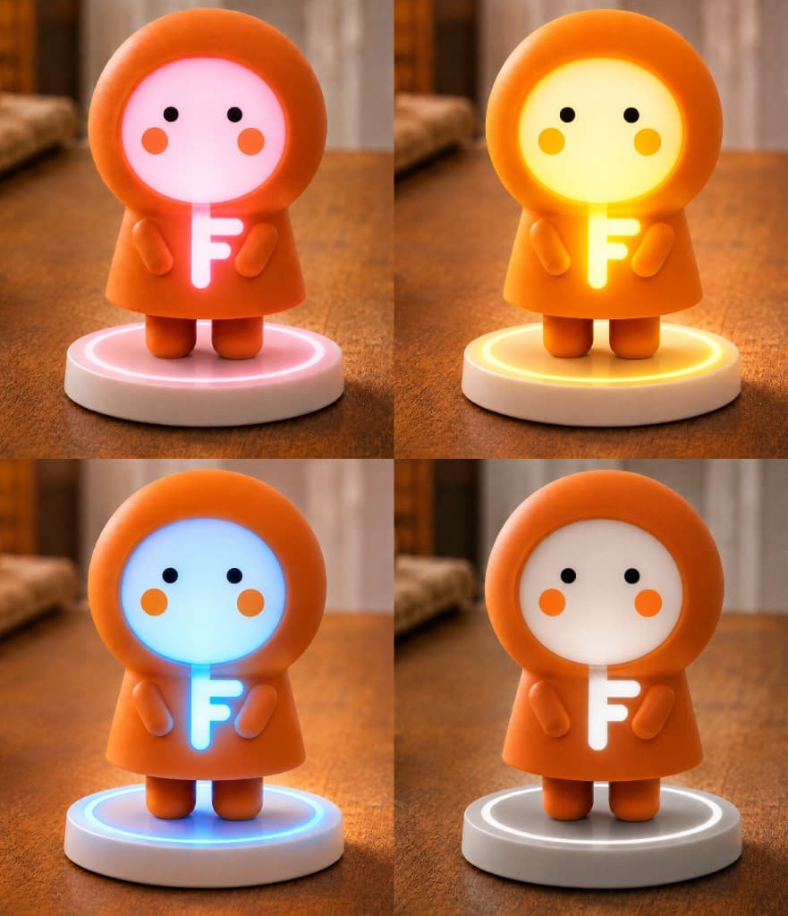 Keylo showing four emotional light modes in pink, yellow, blue, and white