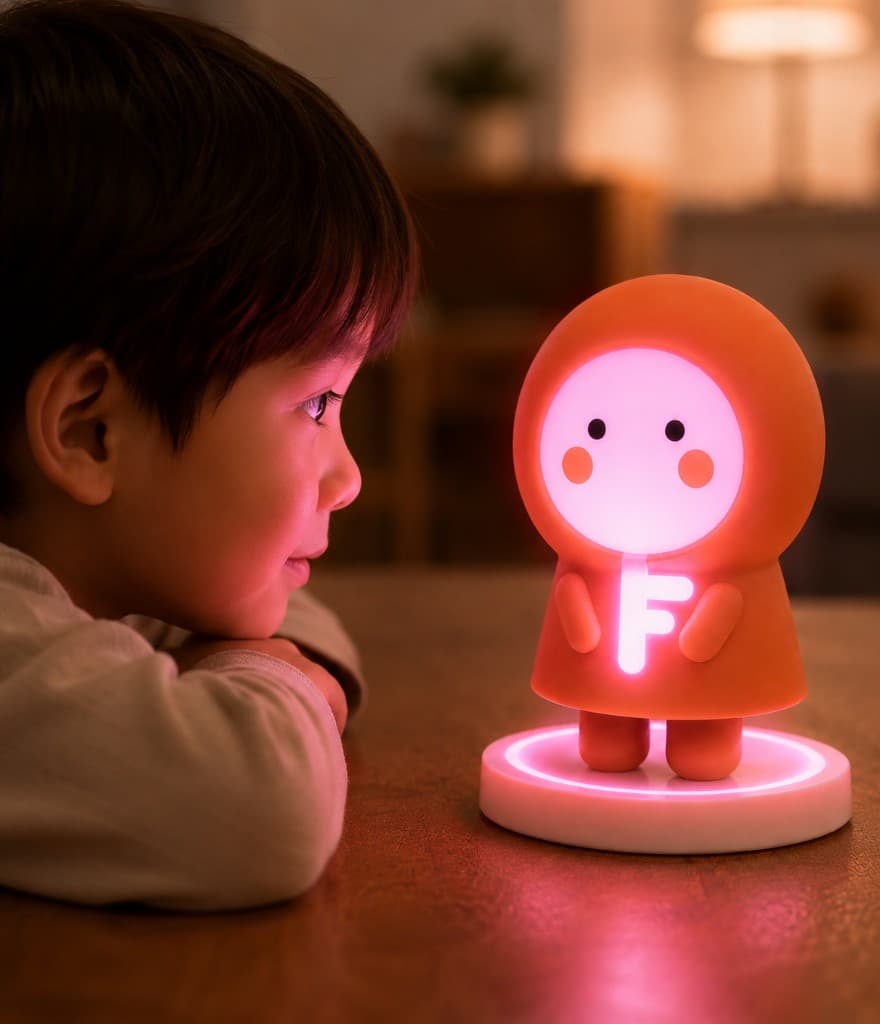 A child quietly watching Keylo glow softly in a dark room