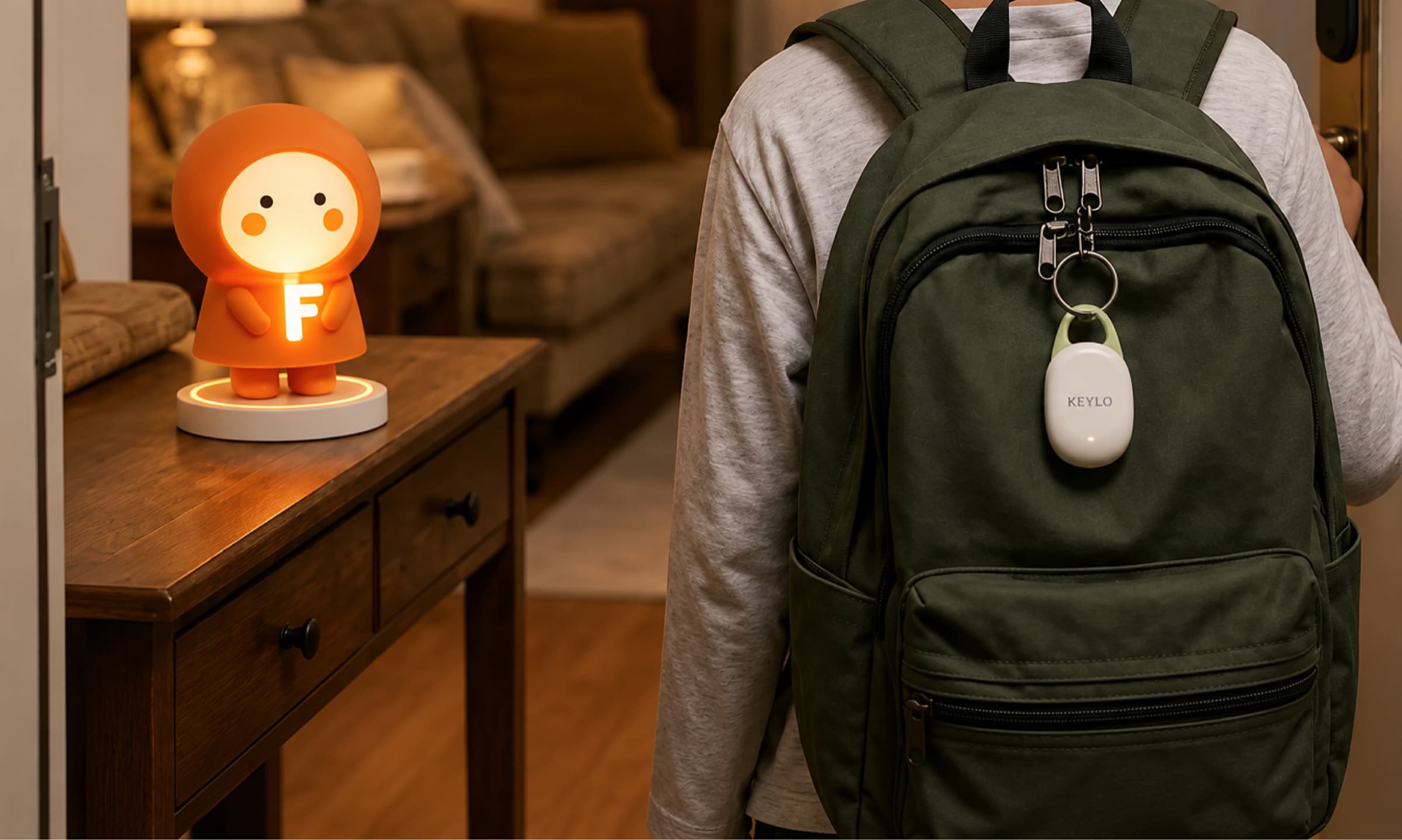 A child with a Keylo fob on their backpack, and the glowing home companion on a nearby table