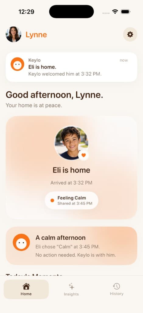 Keylo parent app home screen showing Eli is home and feeling calm
