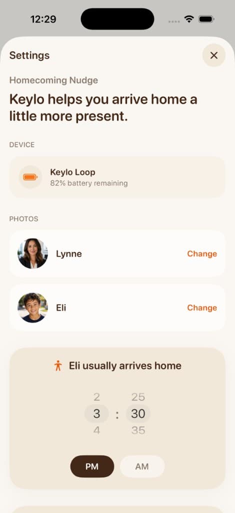Keylo parent app settings with homecoming nudge and arrival time